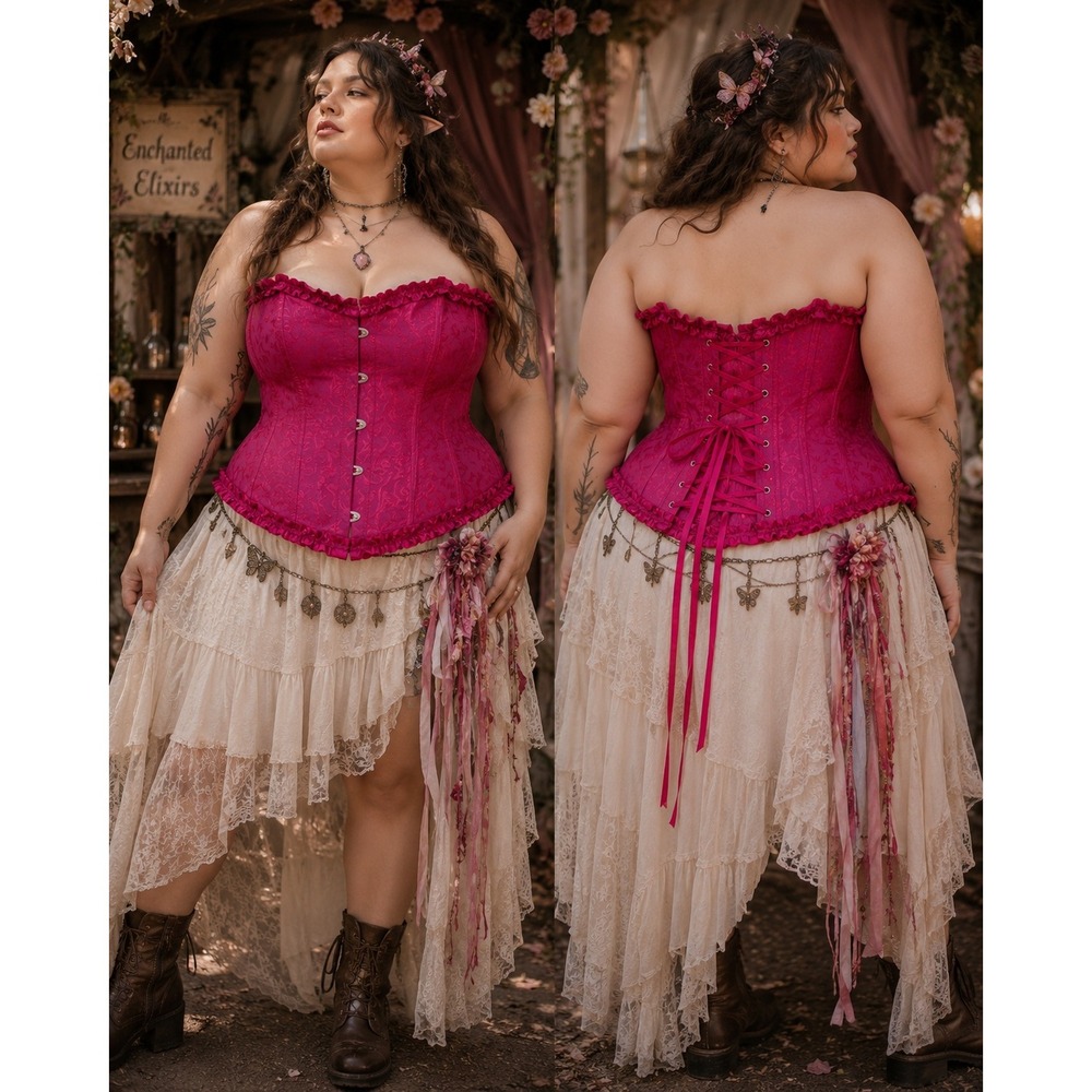 Corset Top Women 2XL Hot Pink Jacquard Floral Lace Up Bustier Ren Faire Festival